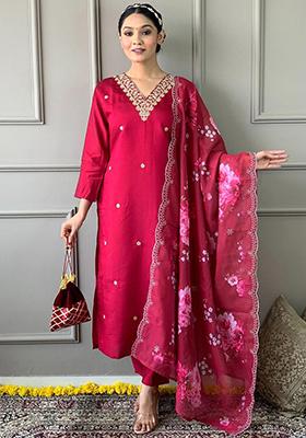 Red Embroidered Poly Blend Kurta Sets