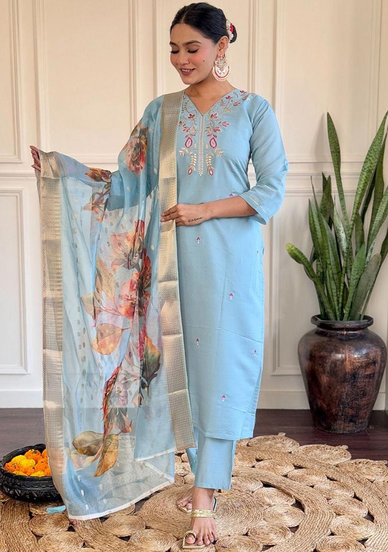 Blue Embroidered Poly Blend Kurta Sets