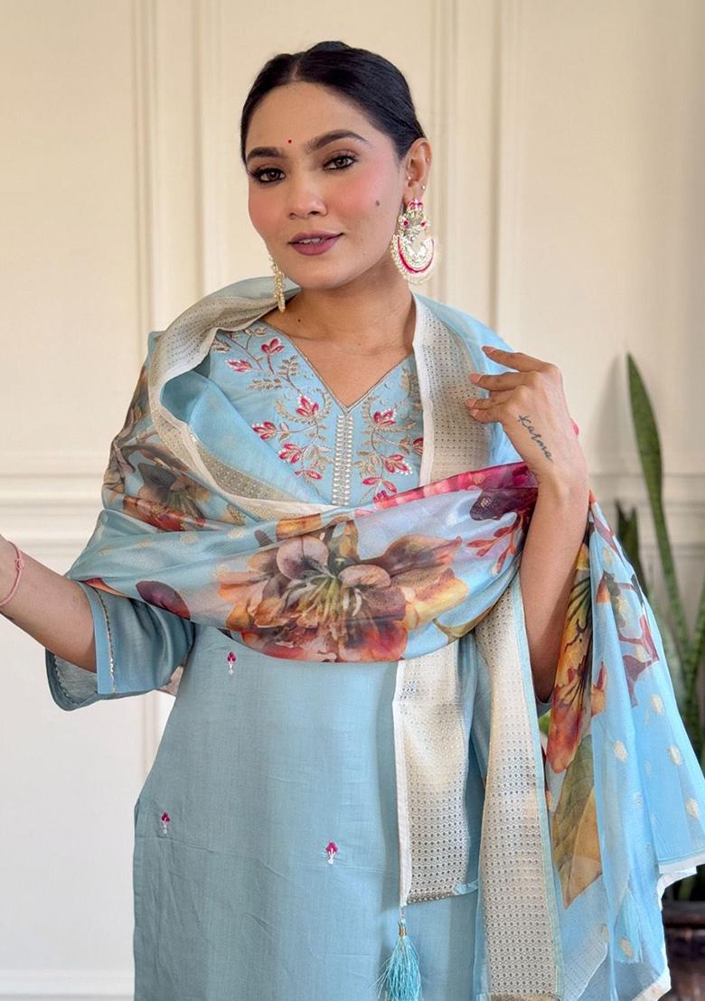 Blue Embroidered Poly Blend Kurta Sets