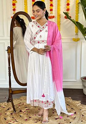 White Embroidered Poly Blend Kurta Sets
