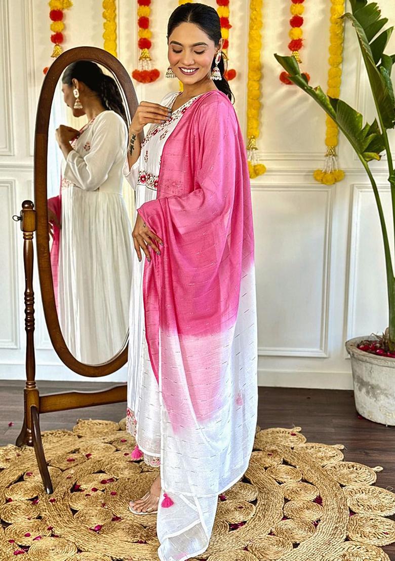 White Embroidered Poly Blend Kurta Sets