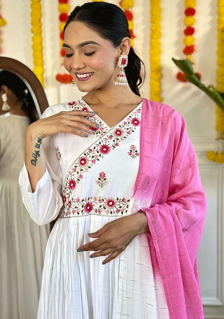 White Embroidered Poly Blend Kurta Sets