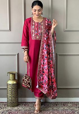 Maroon Embroidered Poly Blend Kurta Sets