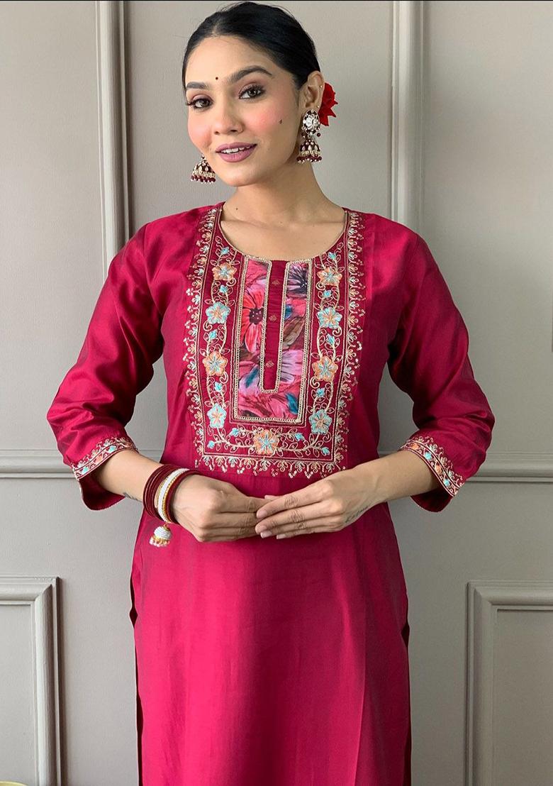Maroon Embroidered Poly Blend Kurta Sets