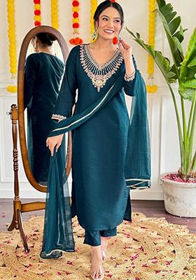 Green Embellished Poly Blend Kurta Sets