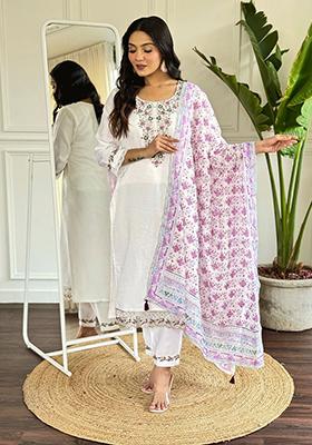White Embroidered Poly Blend Kurta Sets