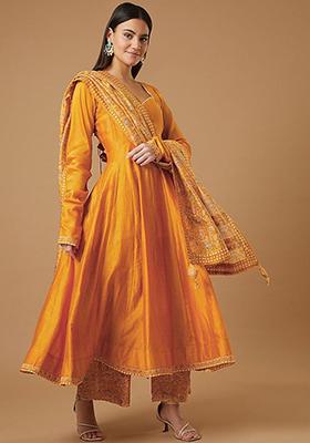 Orange Embellished Poly Blend Kurta Sets