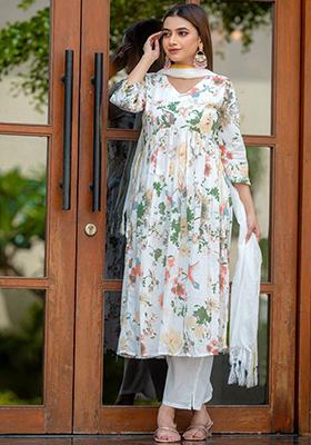 White Printed Poly Blend Kurta Sets