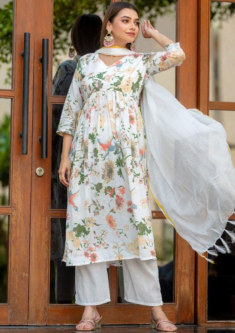 White Printed Poly Blend Kurta Sets