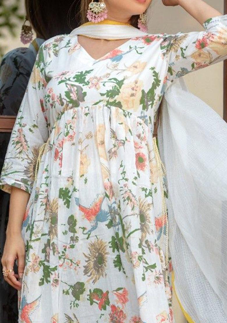 White Printed Poly Blend Kurta Sets