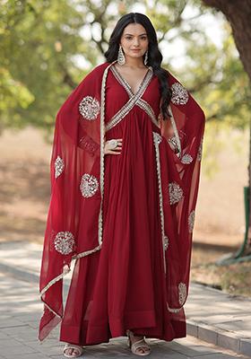 Maroon Zari Sequin Embroidered Faux Blooming Anarkali Set
