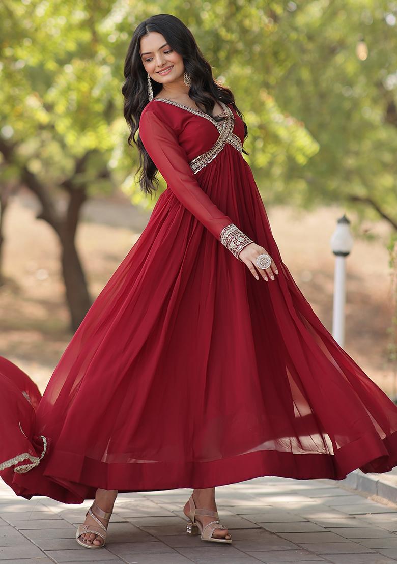 Maroon Zari Sequin Embroidered Faux Blooming Anarkali Set