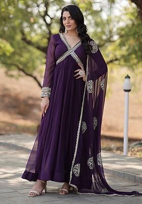 Purple Zari Sequin Embroidered Faux Blooming Anarkali Set