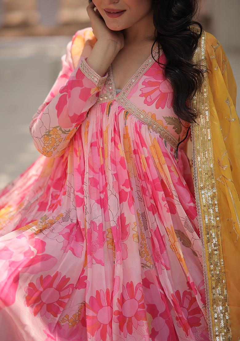 Pink Digital Print Russian Silk Anarkali Set
