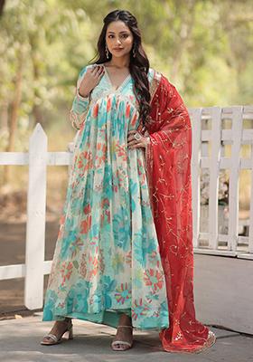 Sky Blue Digital Print Russian Silk Anarkali Set