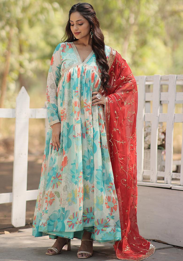 Sky Blue Digital Print Russian Silk Anarkali Set