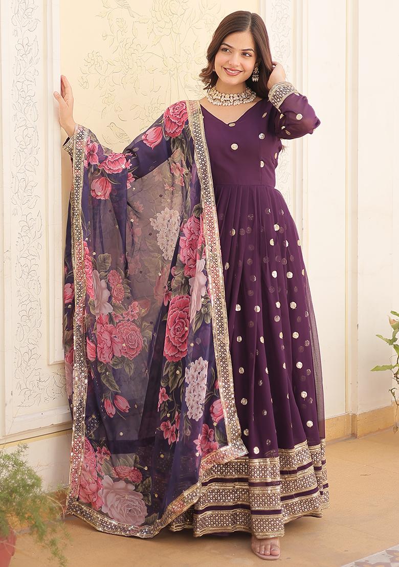 Purple Zari Sequin Embroidered Faux Georgette Anarkali Set