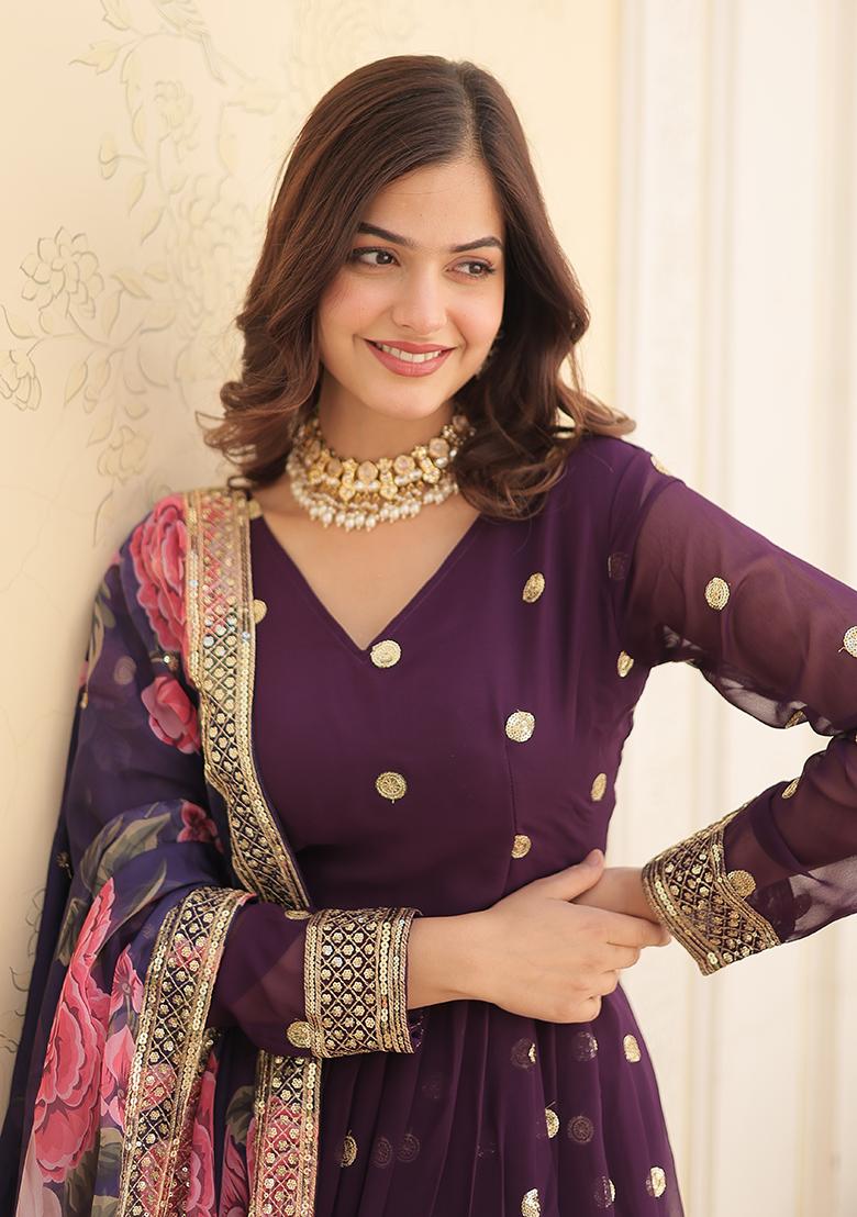 Purple Zari Sequin Embroidered Faux Georgette Anarkali Set