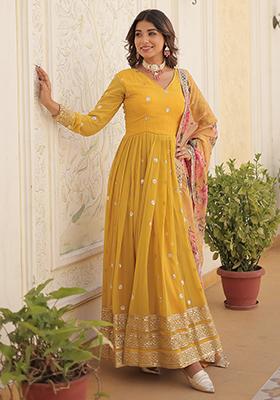 Yellow Zari Sequin Embroidered Faux Georgette Anarkali Set