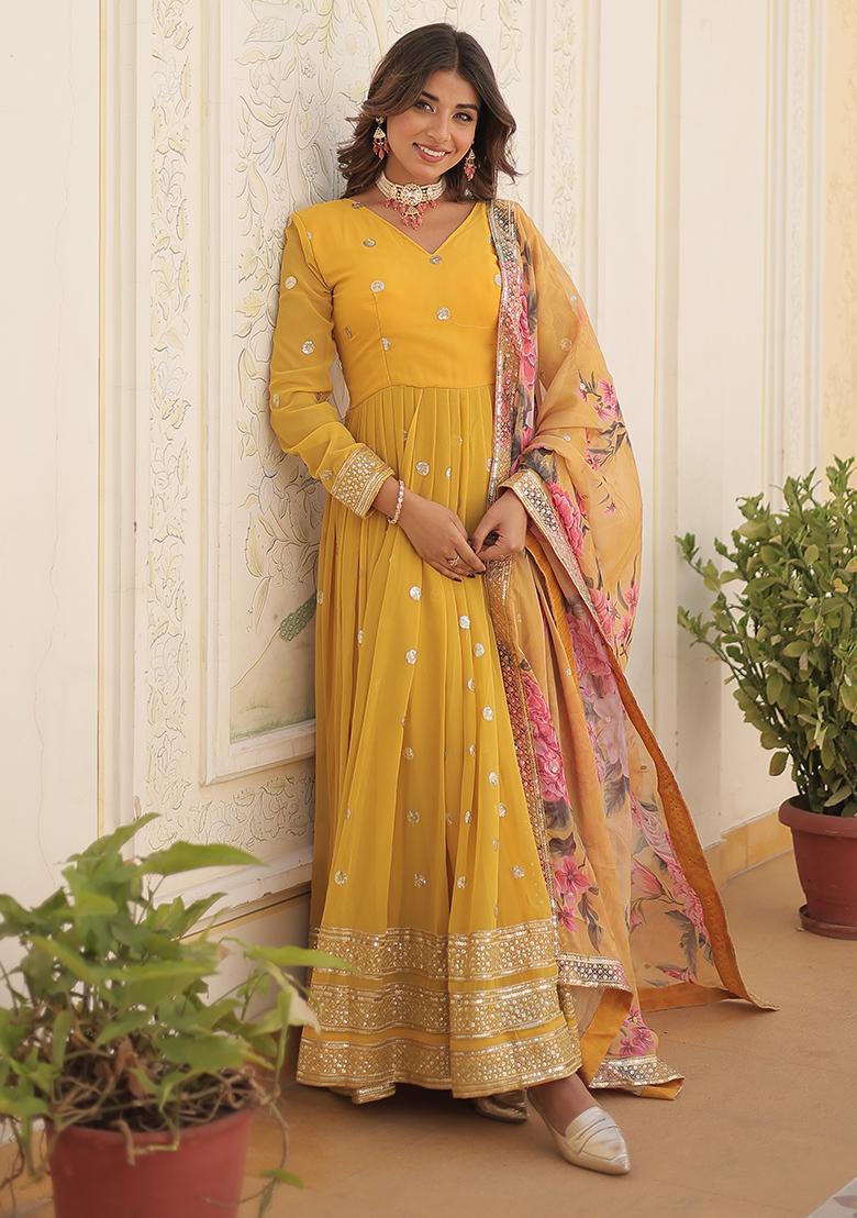 Yellow Zari Sequin Embroidered Faux Georgette Anarkali Set