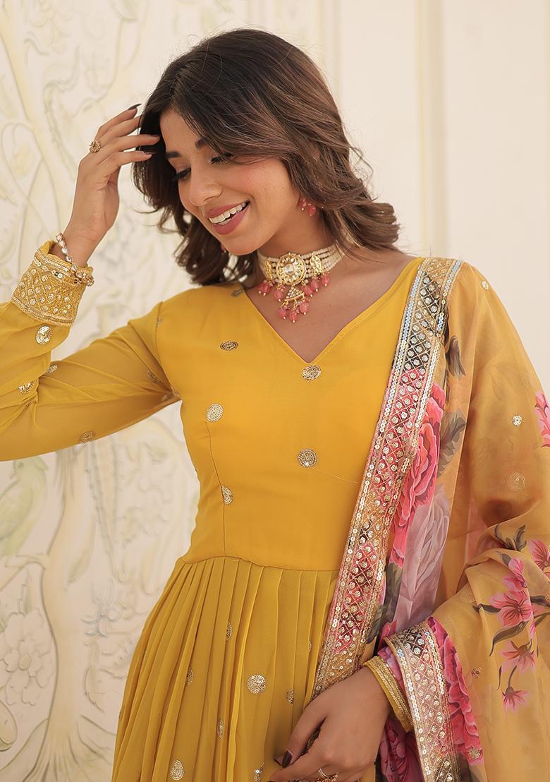 Yellow Zari Sequin Embroidered Faux Georgette Anarkali Set