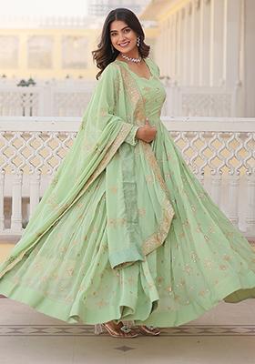 Pista Green Zari Sequin Embroidered Faux Georgette Anarkali Set