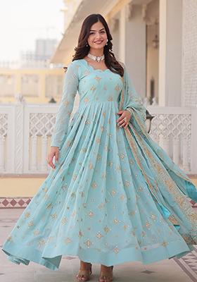 Sky Blue Zari Sequin Embroidered Faux Georgette Anarkali Set