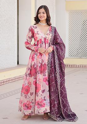 White Digital Print Russian Silk Anarkali Set