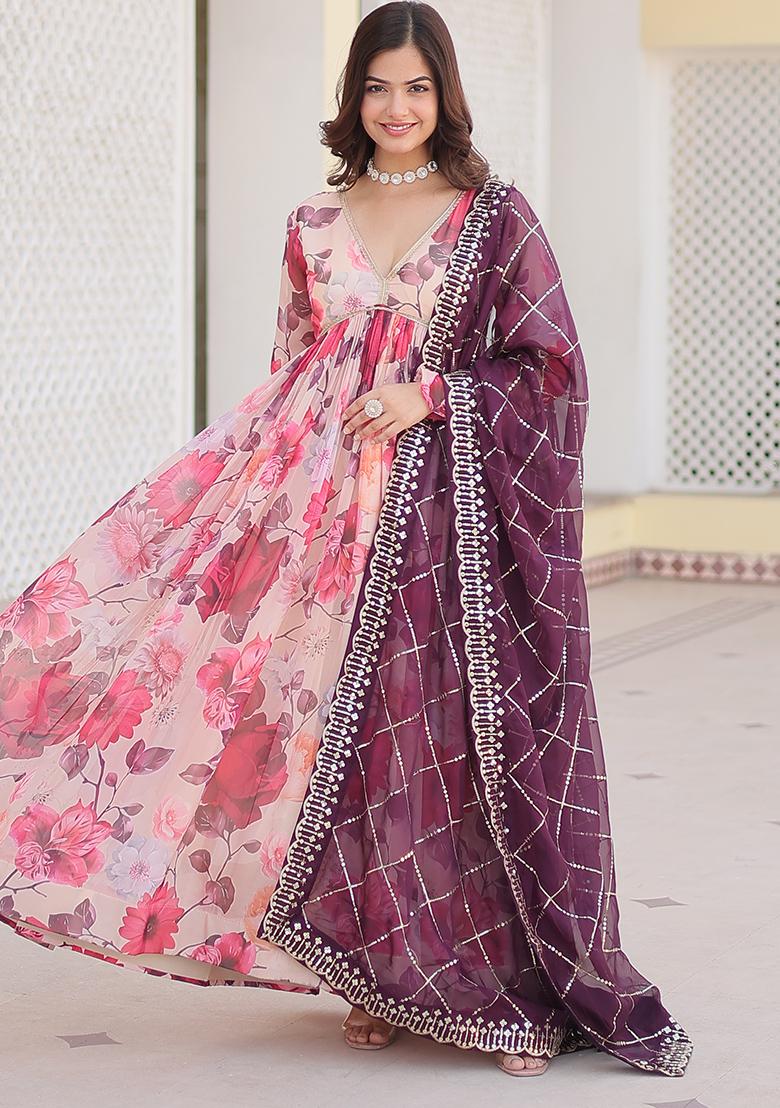 White Digital Print Russian Silk Anarkali Set