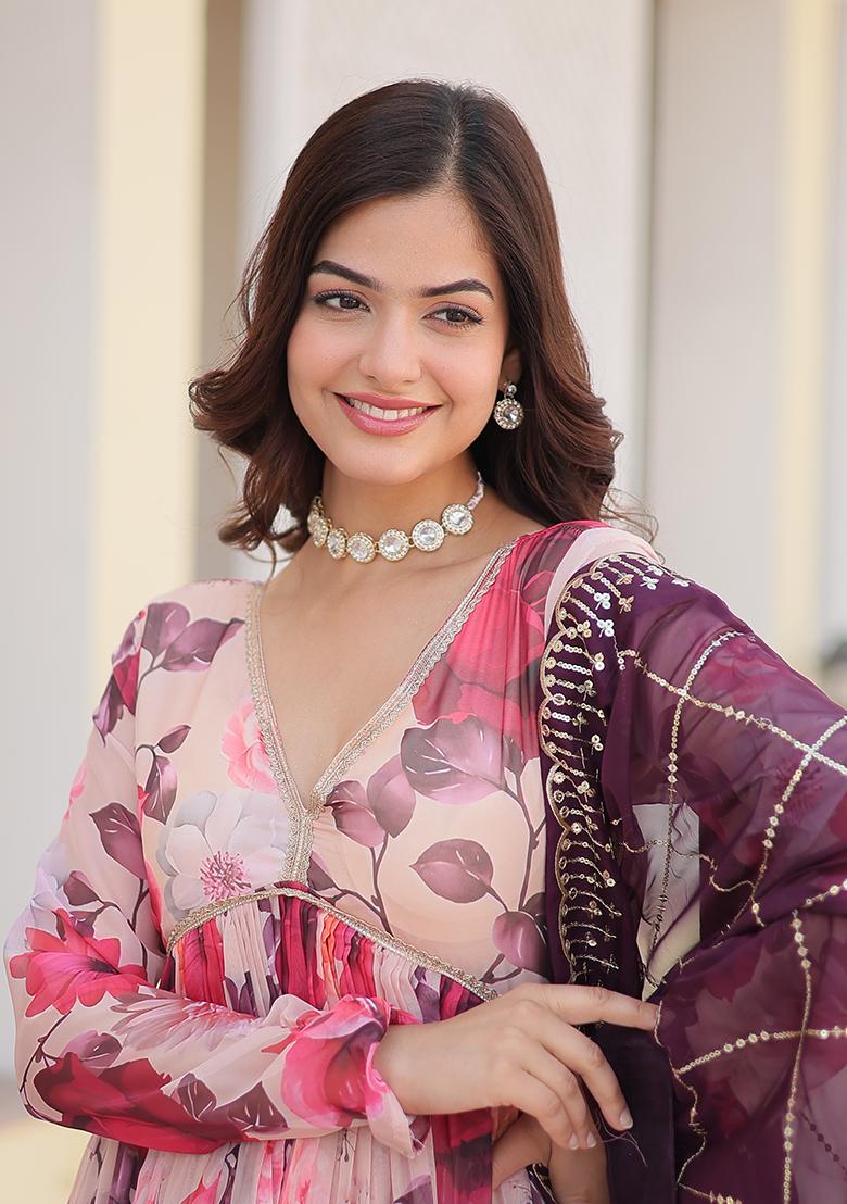 White Digital Print Russian Silk Anarkali Set