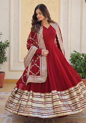 Maroon Zari Sequin Embroidered Faux Blooming Anarkali Set