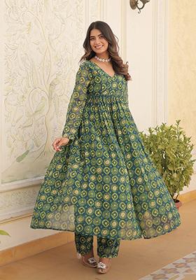 Green Printed Faux Georgette Anarkali Set