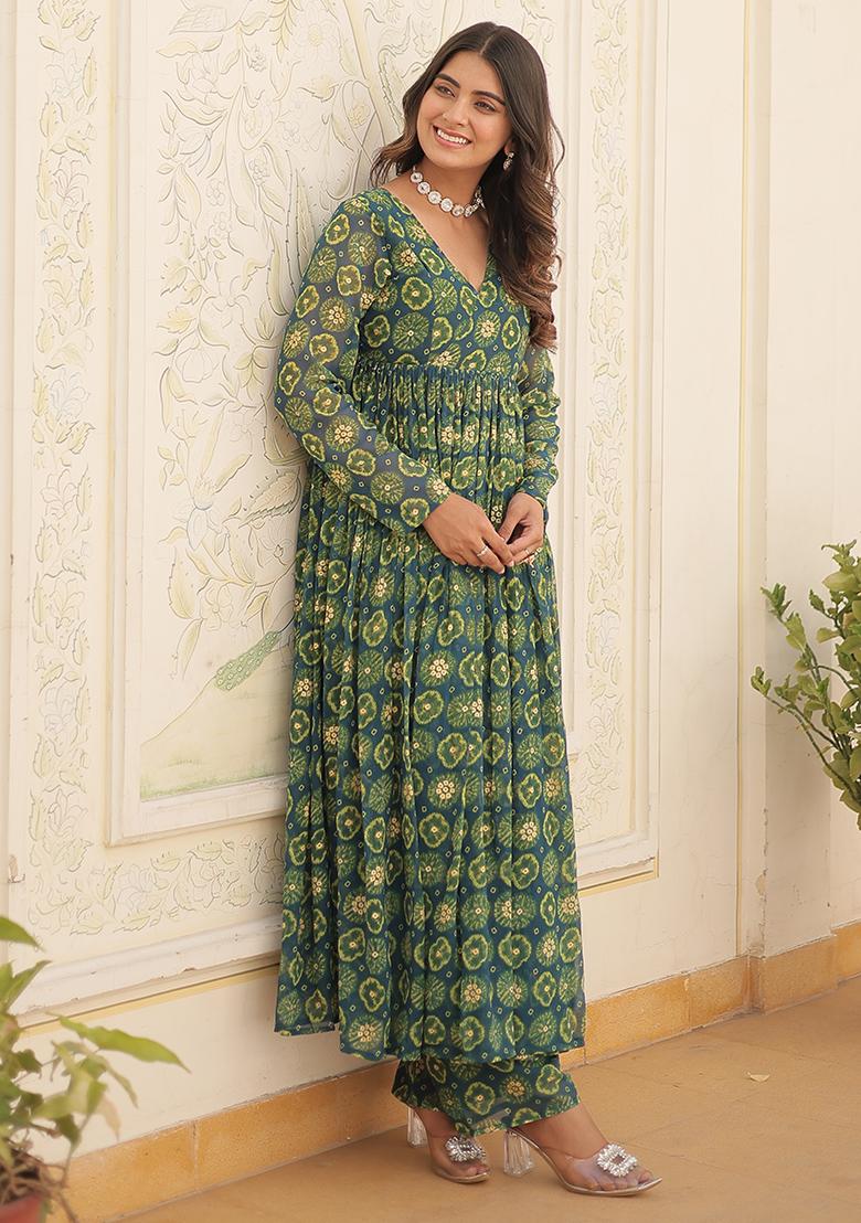 Green Printed Faux Georgette Anarkali Set
