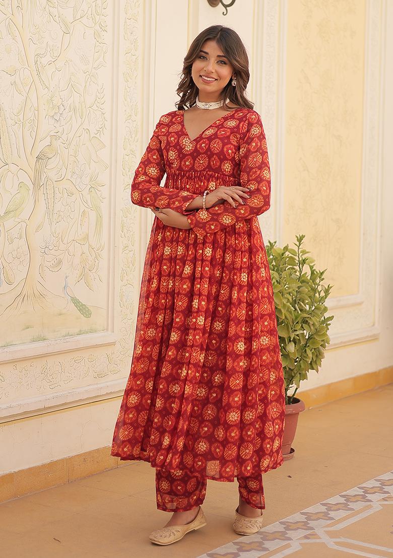 Red Printed Faux Georgette Anarkali Set