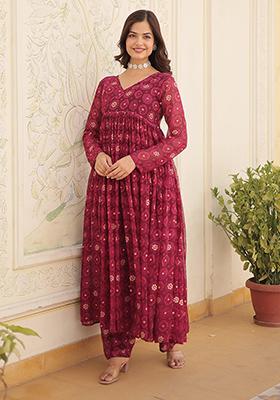 Magenta Printed Faux Georgette Anarkali Set