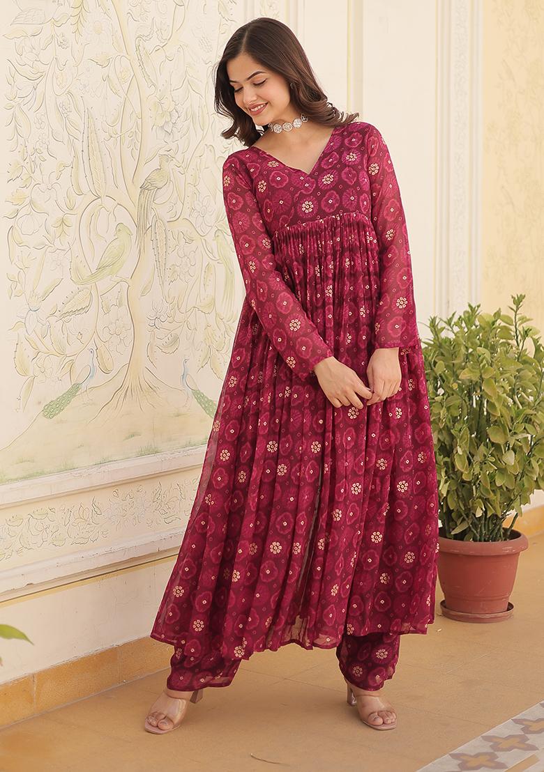 Magenta Printed Faux Georgette Anarkali Set