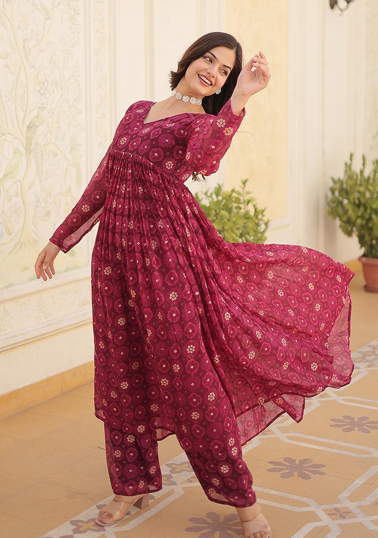 Magenta Printed Faux Georgette Anarkali Set
