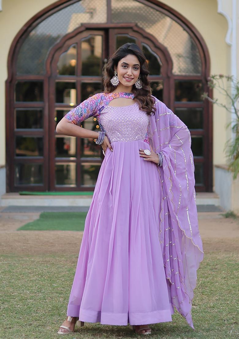 Lavender Printed Faux Georgette Anarkali Set