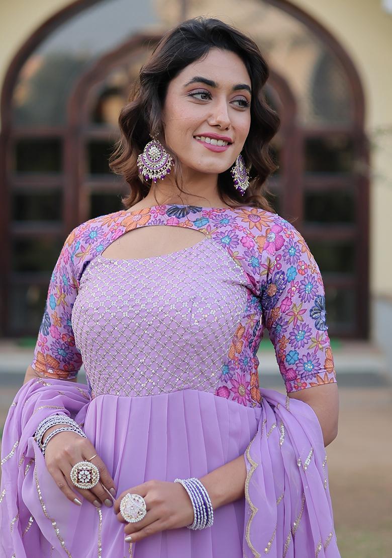Lavender Printed Faux Georgette Anarkali Set