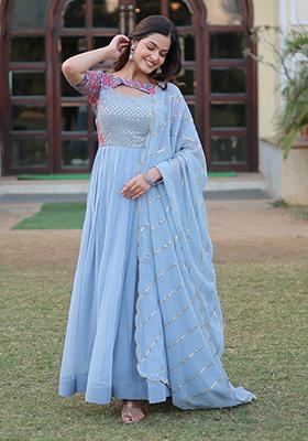 Sky Blue Printed Faux Georgette Anarkali Set