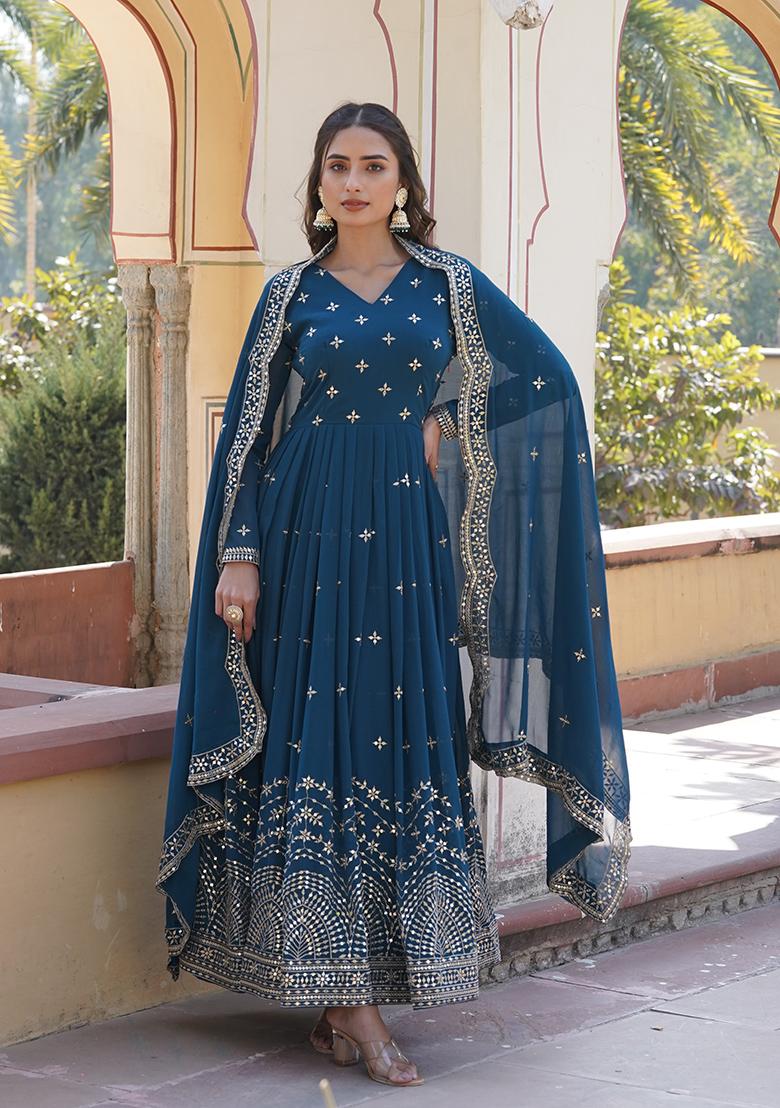 Mustard Printed Faux Georgette Anarkali Set