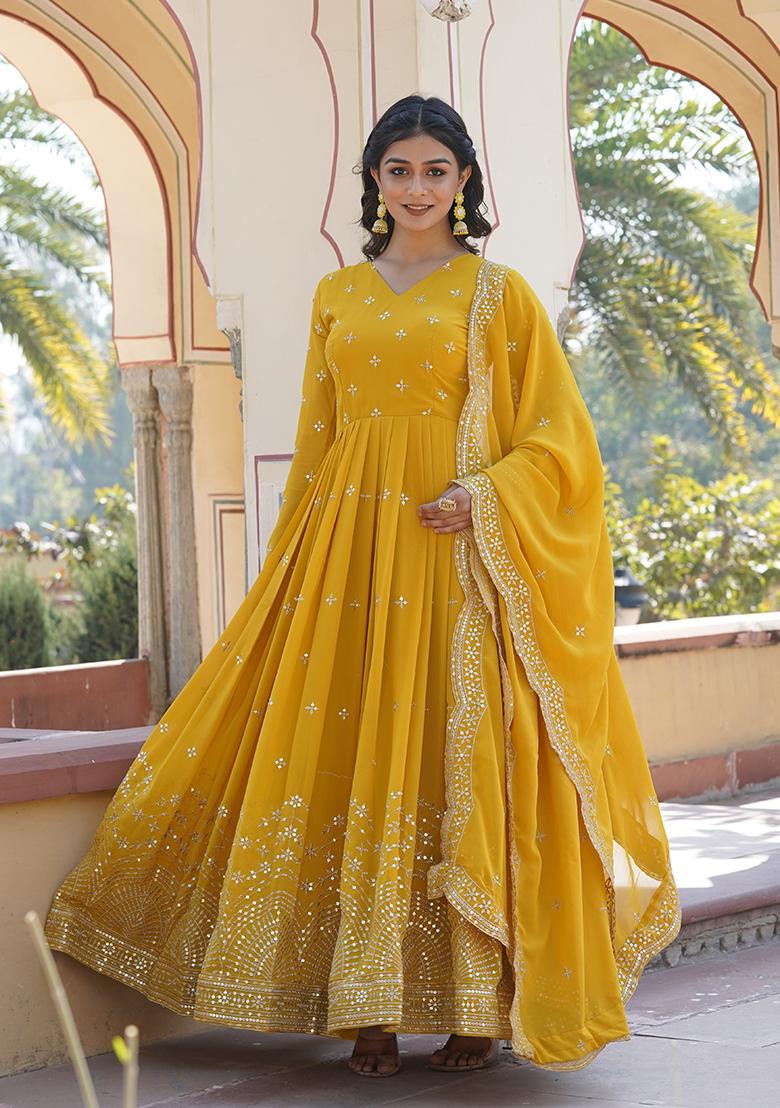 Yellow Printed Faux Georgette Anarkali Set