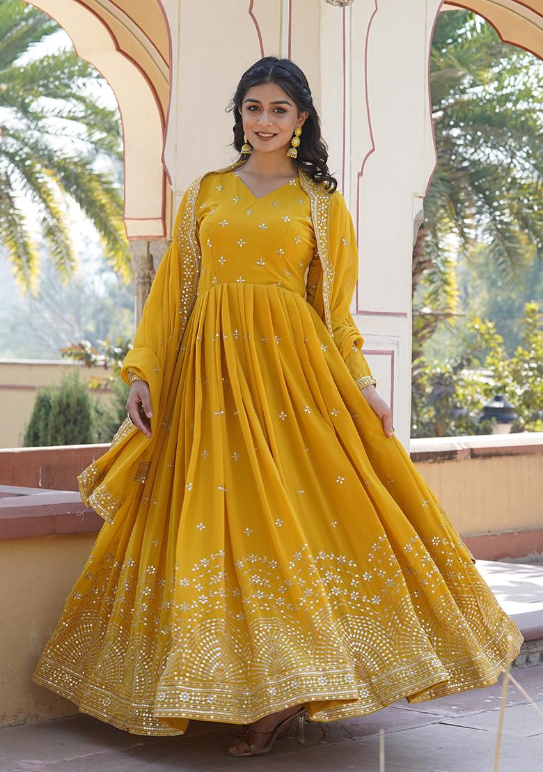 Yellow Printed Faux Georgette Anarkali Set
