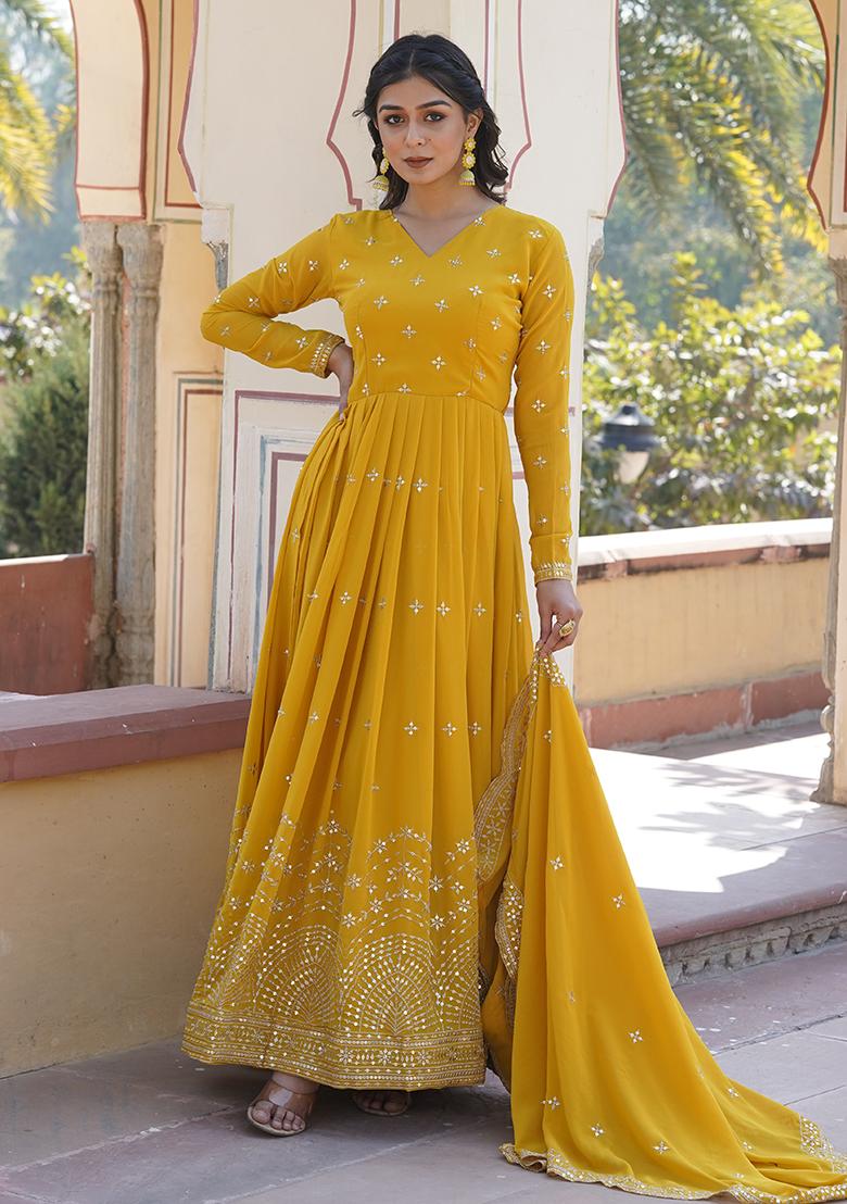 Yellow Printed Faux Georgette Anarkali Set