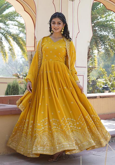Yellow Printed Faux Georgette Anarkali Set