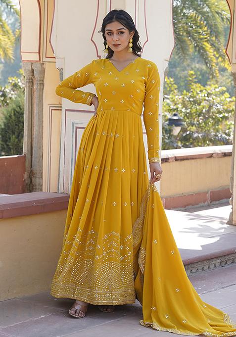 Yellow Printed Faux Georgette Anarkali Set