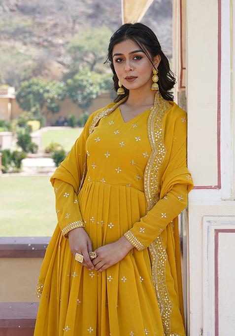 Yellow Printed Faux Georgette Anarkali Set
