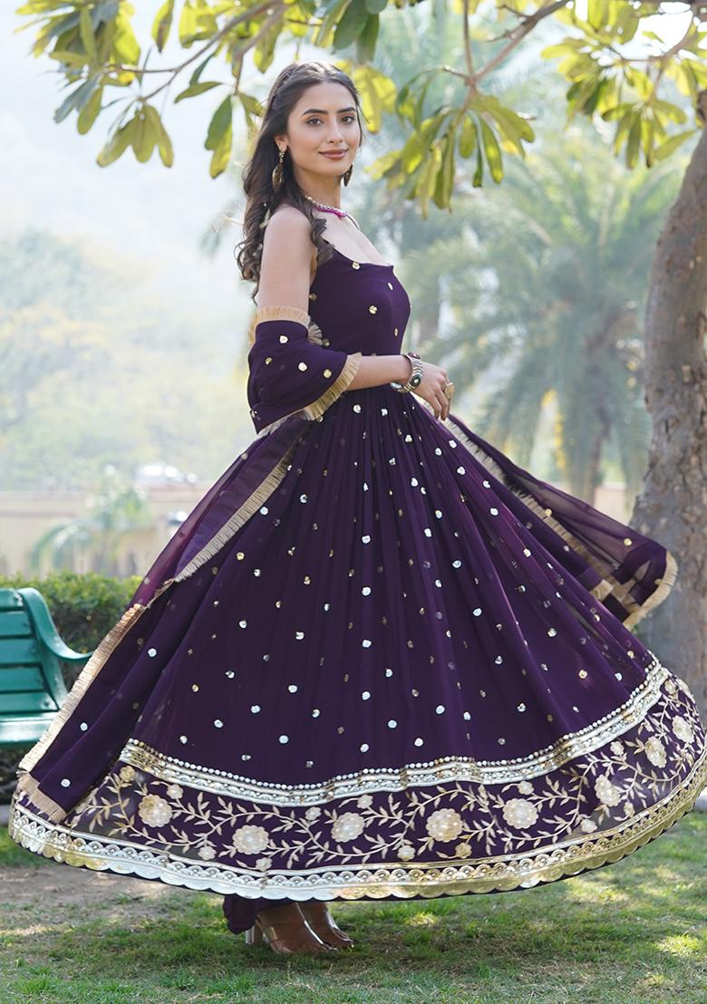 Wine Printed Faux Georgette Anarkali Set