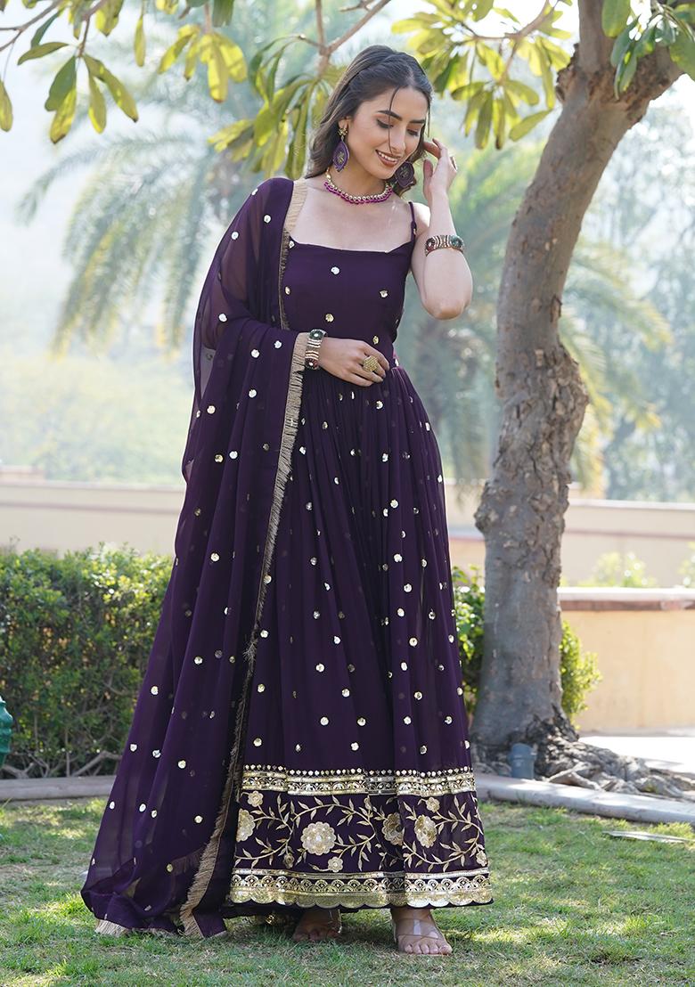 Wine Printed Faux Georgette Anarkali Set