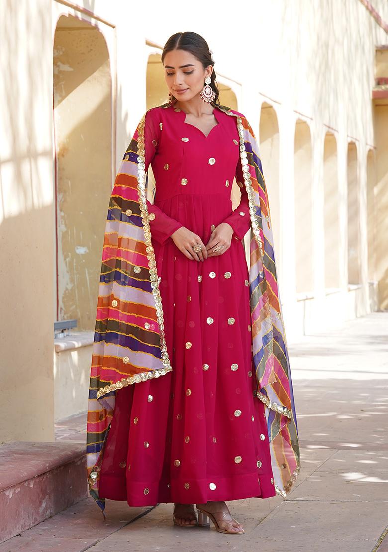 Rani Pink Printed Faux Georgette Anarkali Set